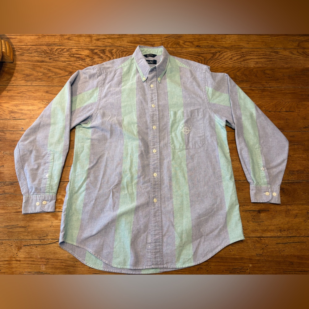 VTG-Nautica Pastel Preppy Coastal Blue/Green Wide Stripe Long Sleeve Shirt M